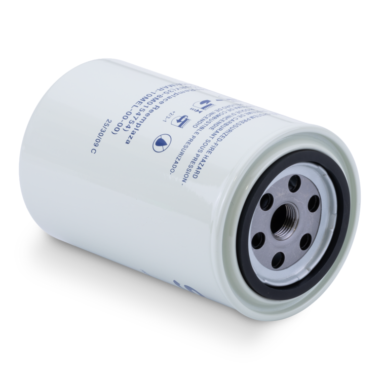 An 18-7866 Sierra fuel water separating filter laying on its side on a white background