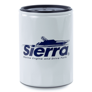 White cylindrical boat oil filter with 'Sierra Marine Engine and Drive Parts' logo on a white background