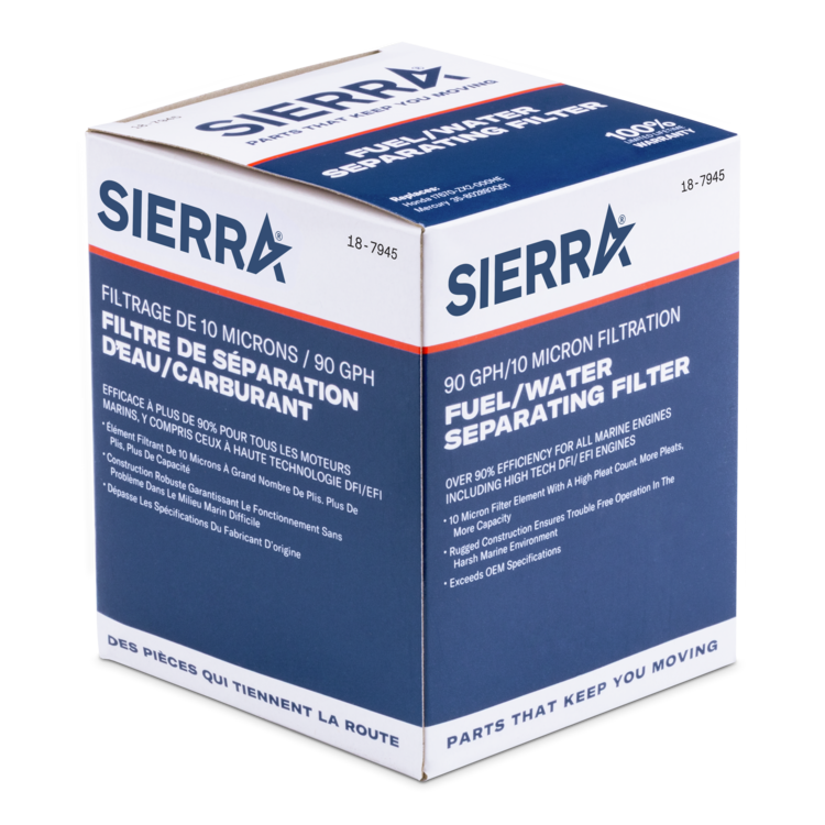 Sierra fuel/water separating filter packaging on a white background