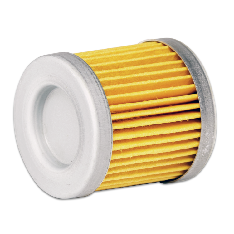 Yellow fuel filter cartridge with metal housing on a white background