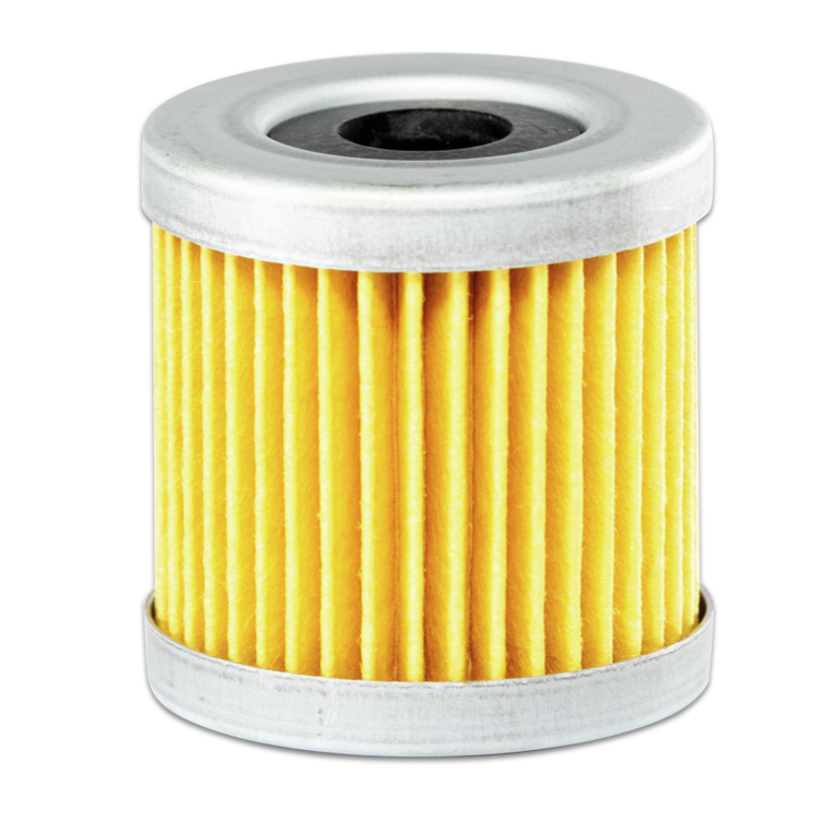 Yellow Sierra marine fuel filter with metal top and bottom on a white background