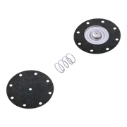 A fuel pump diaphragm kit with a silver metal spring, shown on a plain white background. The kit includes two round black discs with pre-drilled holes and a silver metal spring in the center.