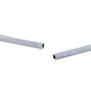 Two ends of a gray fuel line hose on a white background
