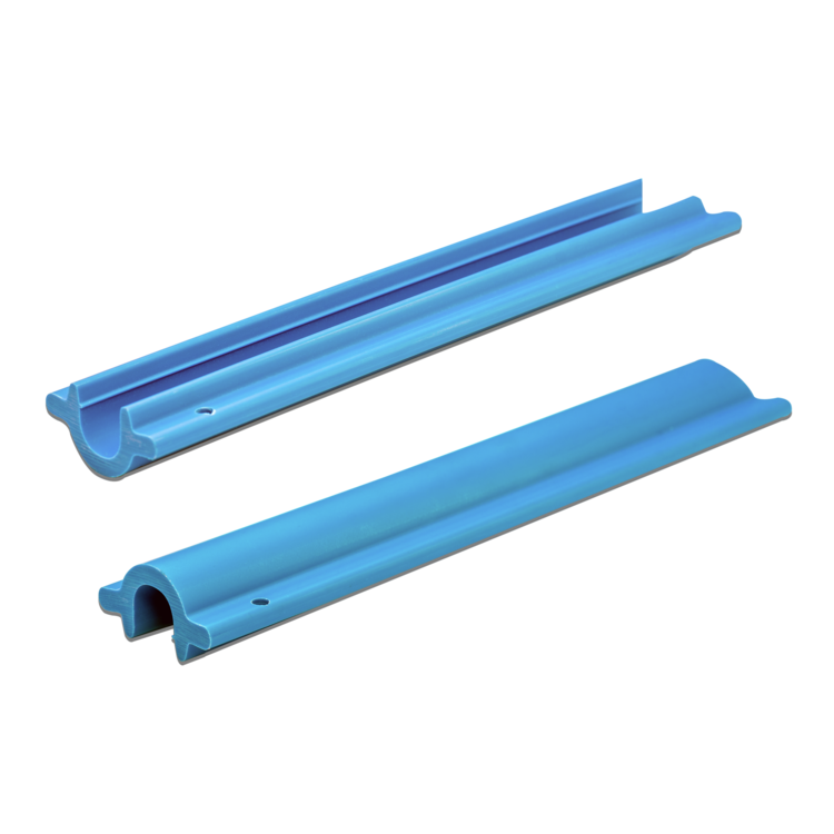 Two blue plastic trailering clips on a white background