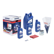 Sierra oil change kit with various oil bottles, a funnel, and a filter on a white background.