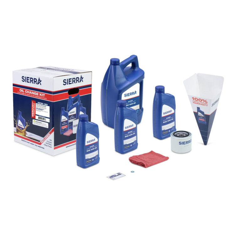 Sierra oil change kit with various oil bottles, a funnel, and a filter on a white background.