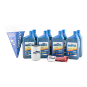 A Sierra marine oil change kit, including multiple marine oil bottles and oil filter on white background