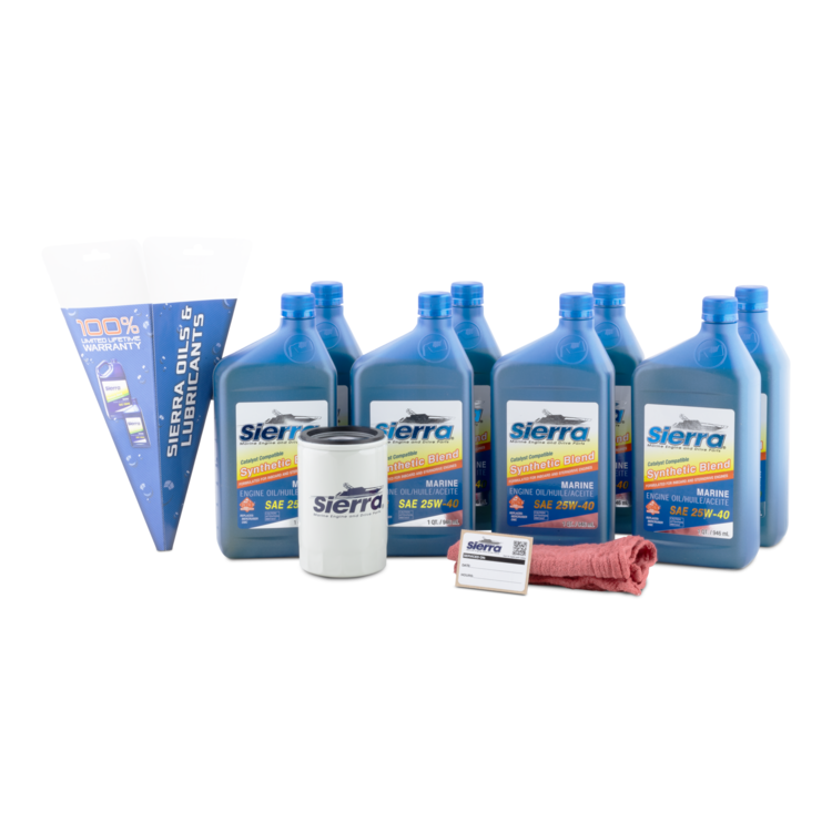 A Sierra marine oil change kit, including multiple marine oil bottles and oil filter on white background