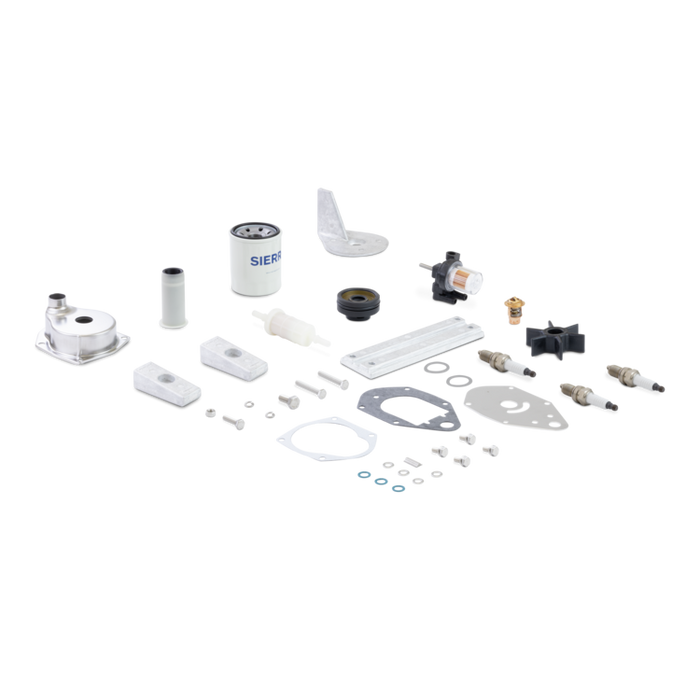 Collection of Sierra branded aftermarket Mercury marine engine parts and filters on a white background