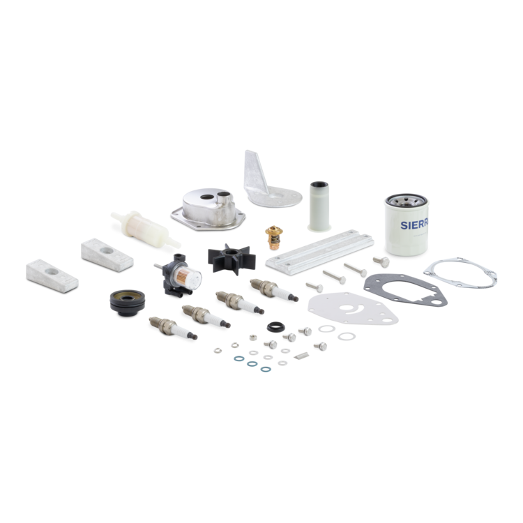 Collection of various boat engine parts and a filter on a white background