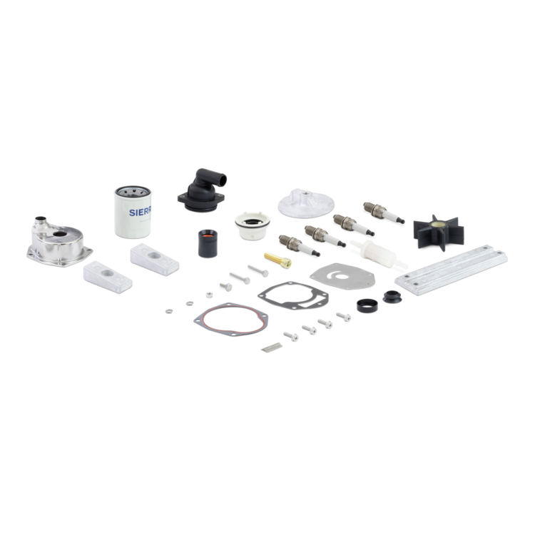 Collection of aftermarket mercury marine parts and filters on a white background