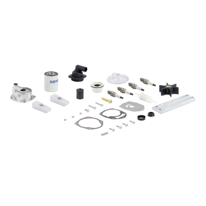 Collection of aftermarket mercury marine parts and filters on a white background
