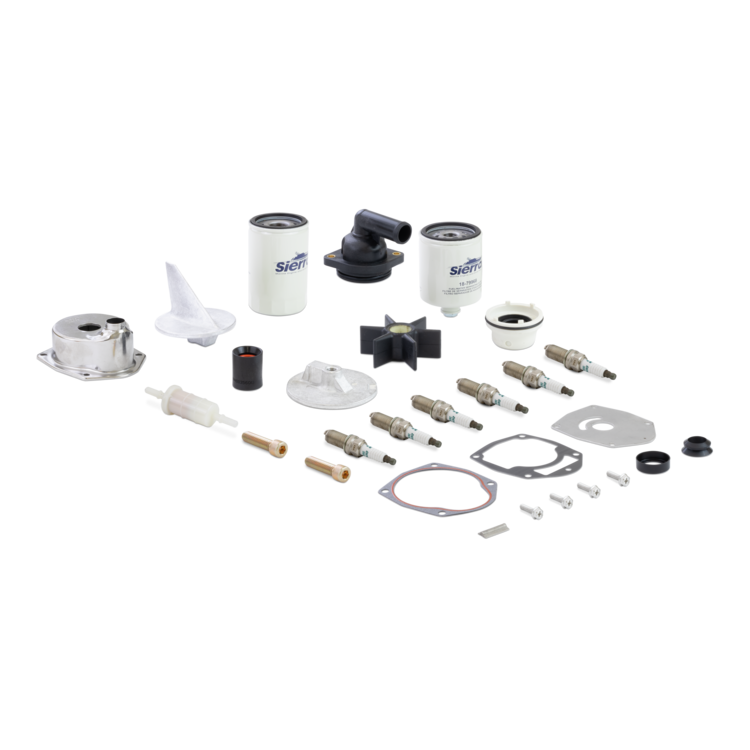 Collection of aftermarket mercury engine filters and engine maintenance parts on a white background