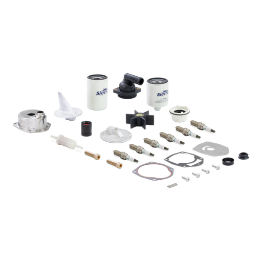 Collection of aftermarket mercury engine filters and engine maintenance parts on a white background