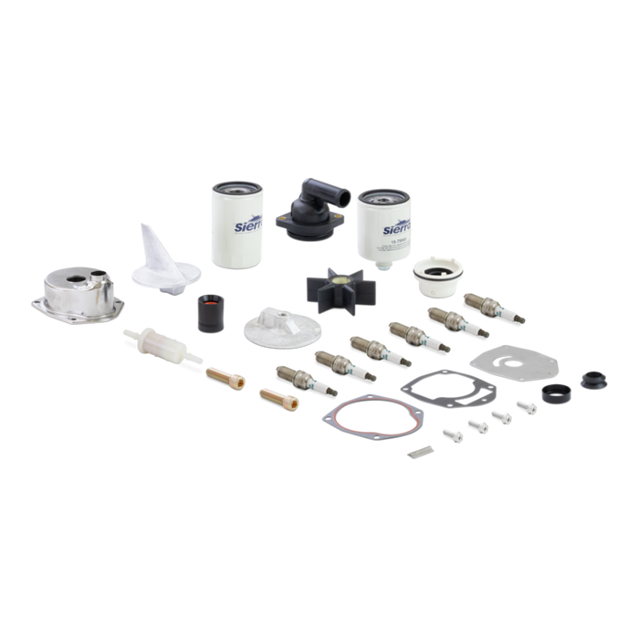 Collection of aftermarket mercury engine filters and engine maintenance parts on a white background