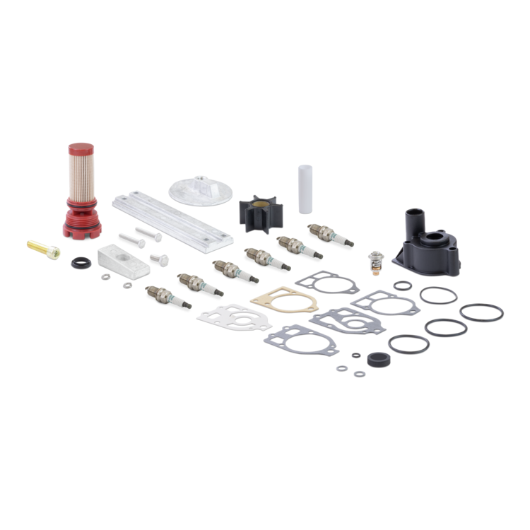 Aftermarket Mercury engine maintenance parts and components on a white background