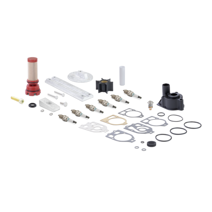 Aftermarket Mercury engine maintenance parts and components on a white background