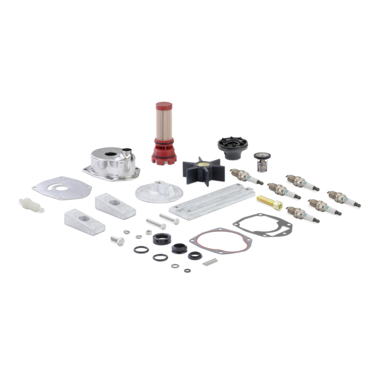 Collection of Sierra aftermarket Mercury marine mechanical parts and tools on a white background