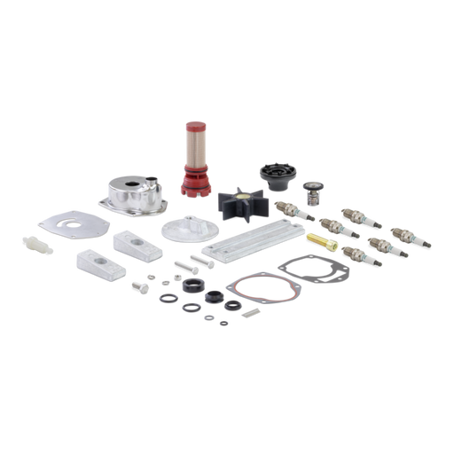 Collection of Sierra aftermarket Mercury marine mechanical parts and tools on a white background