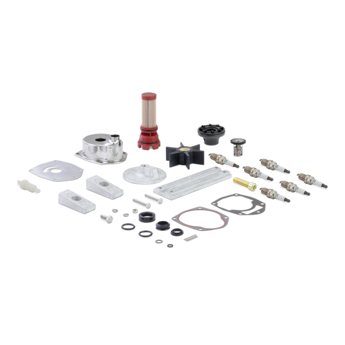 Collection of Sierra aftermarket Mercury marine mechanical parts and tools on a white background