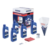 Sierra oil change kit with oil bottles, filter, and packaging on a white background