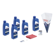 Collection of Sierra oil bottles, filters, and other marine care items on a white background