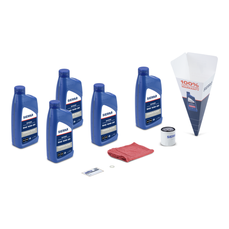 Collection of Sierra oil bottles, filters, and other marine care items on a white background