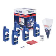Sierra oil change kit with oil bottles, filter, and packaging on a white background