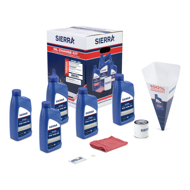 Sierra oil change kit with oil bottles, filter, and packaging on a white background