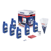 A collection of blue Sierra marine oil bottles, oil filter, red shop towel, and retail packaging on a white background
