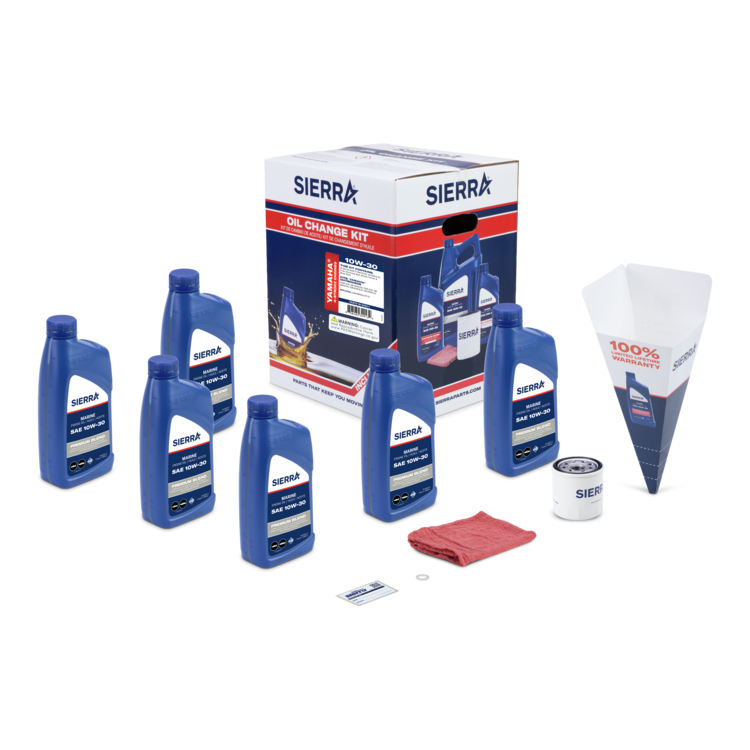 A collection of blue Sierra marine oil bottles, oil filter, red shop towel, and retail packaging on a white background