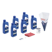 A collection of blue Sierra marine oil bottles and oil change tools on a white background