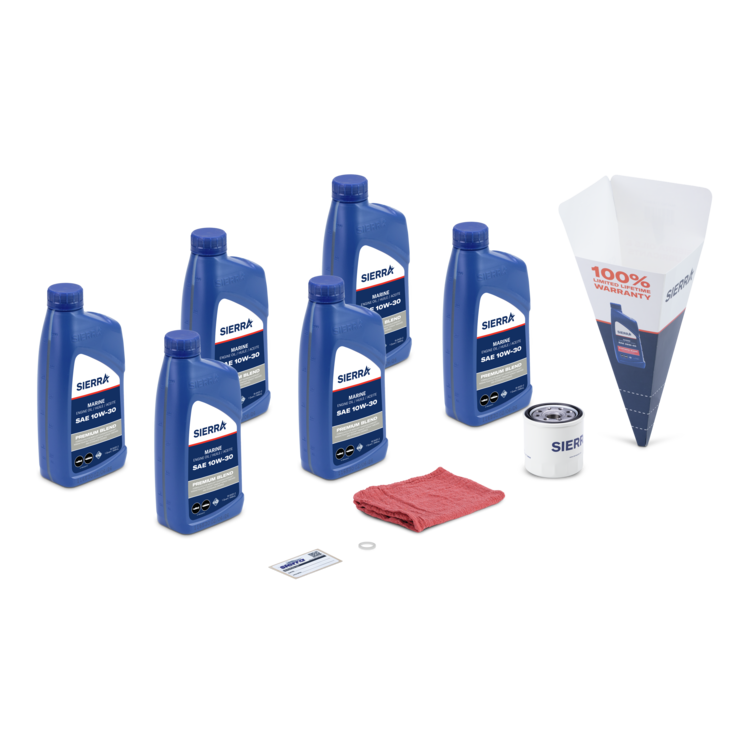 A collection of blue Sierra marine oil bottles and oil change tools on a white background
