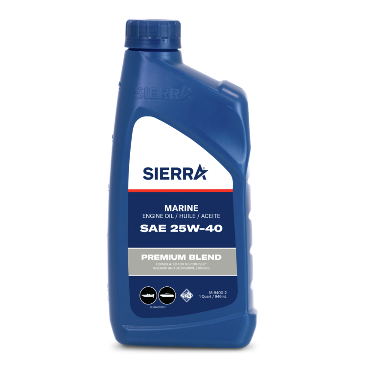 Blue bottle of Sierra marine engine oil on a white background