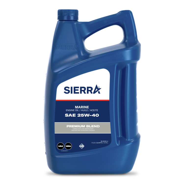 A blue bottle of Sierra marine engine oil on a white background