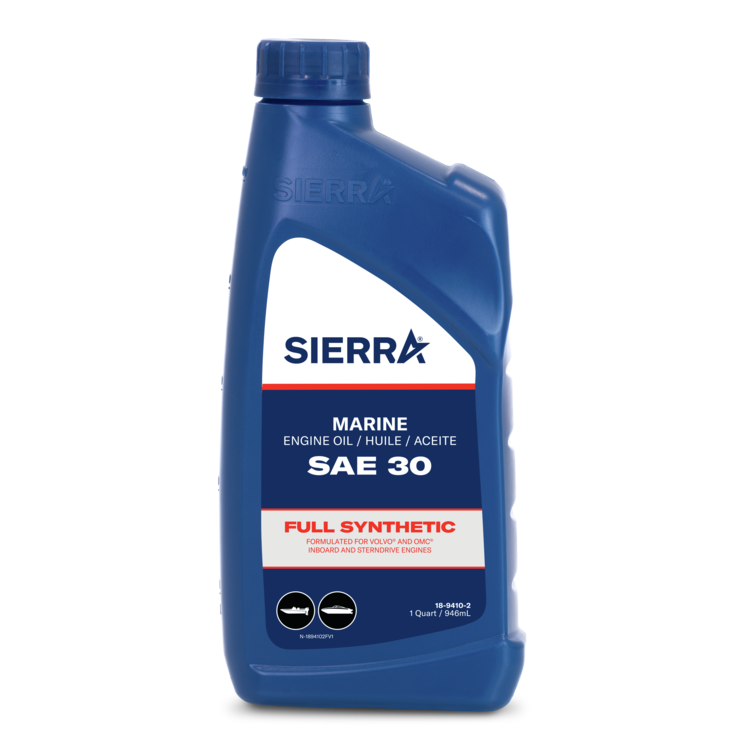 A blue Sierra marine engine oil bottle on a white background