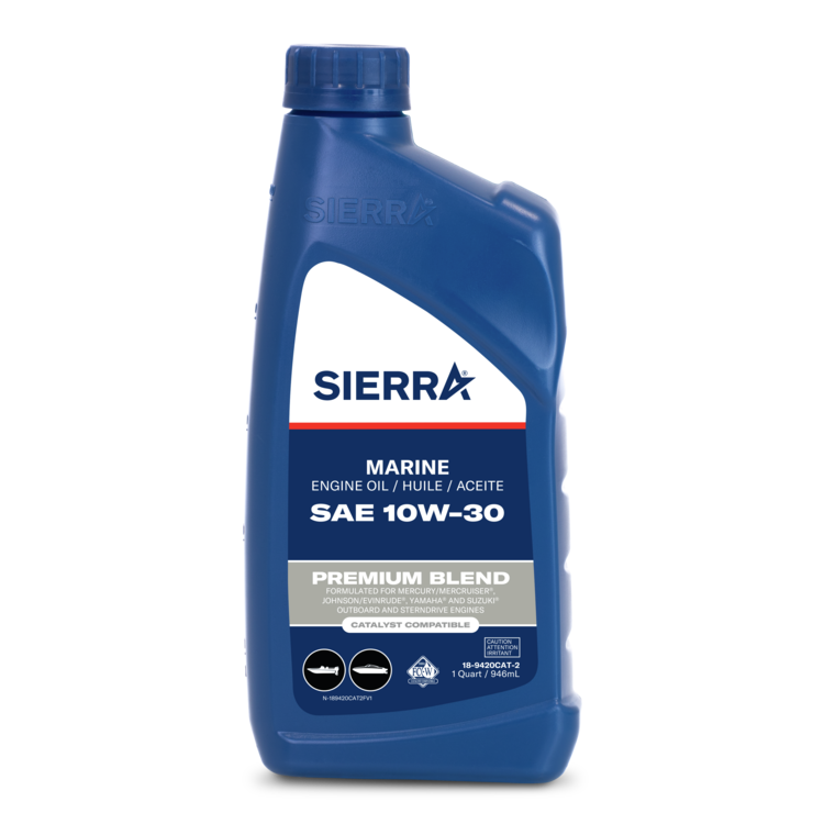 A blue Sierra marine engine oil bottle on a white background