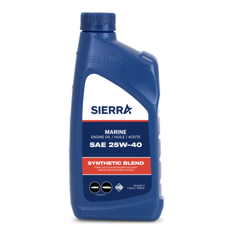 Blue bottle of Sierra marine engine oil on a white background