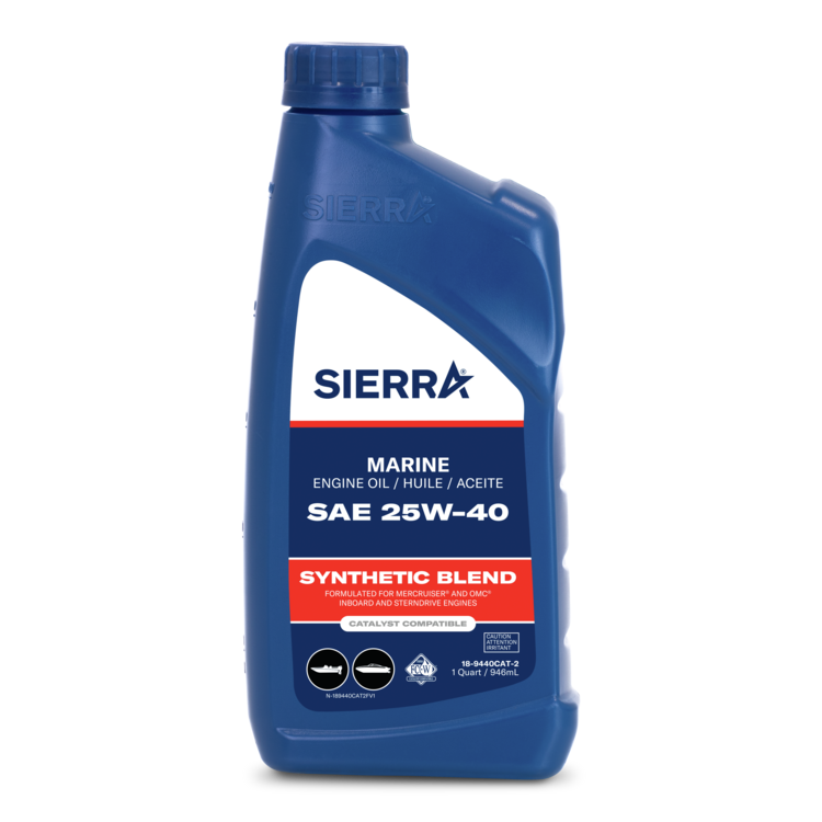 A blue Sierra marine engine oil bottle on a white background