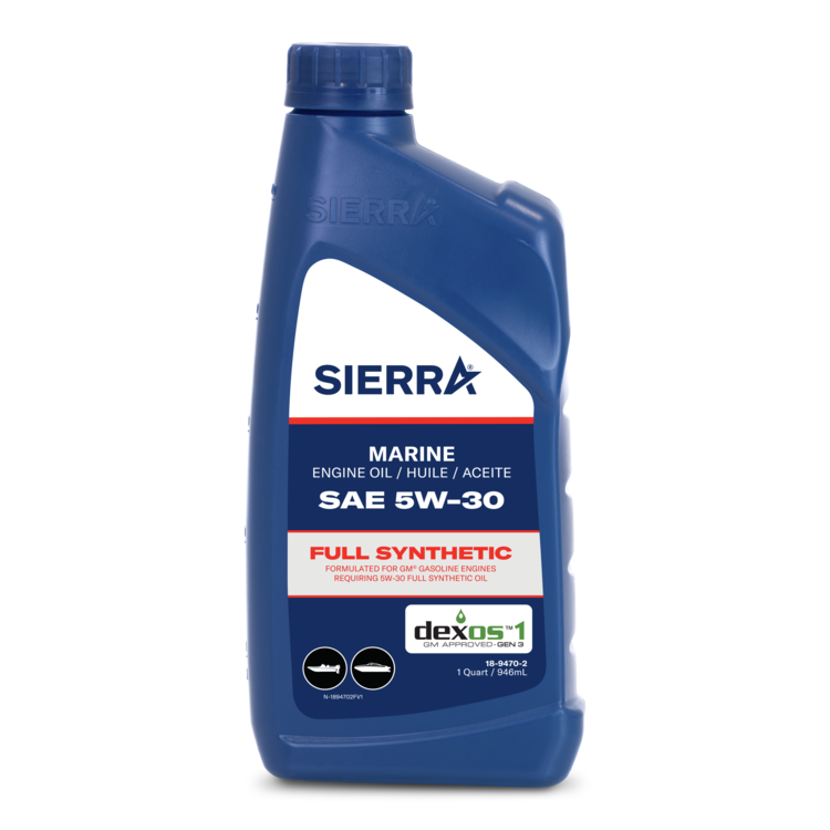 Blue bottle of Sierra marine engine oil on a white background