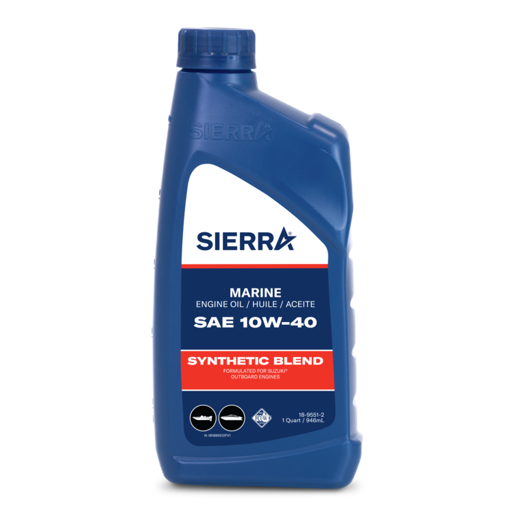Blue bottle of Sierra marine engine oil on a white background