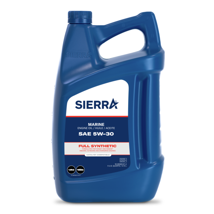 A blue bottle of 18-9558CAT-4 Sierra full synthetic oil on a white background