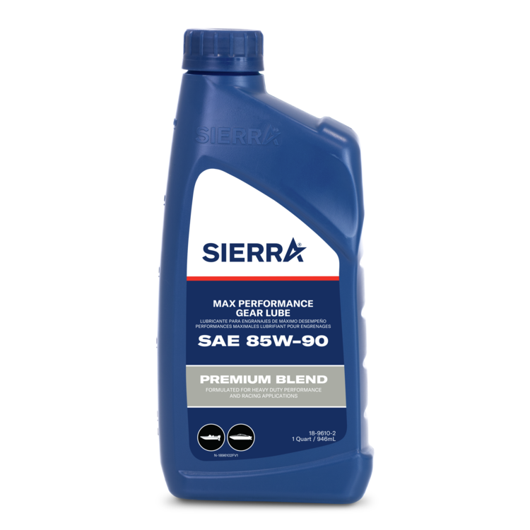 Blue bottle of Sierra max performance gear lube on a white background