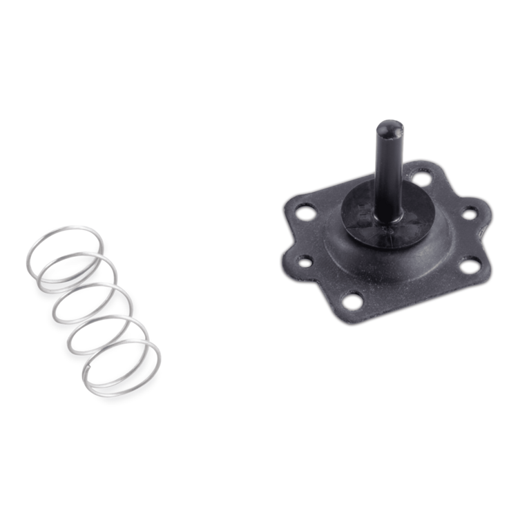Black mechanical component with a spring on a white background