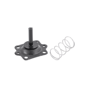 A black metal mechanical component with a central post and flanged base, shown next to a silver coil spring on a plain white background.