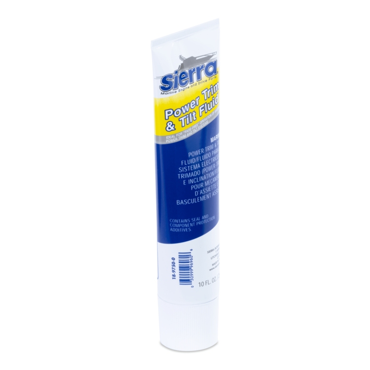 Side view of a 10 oz. bottle of Sierra Power Trim fluid on a white background