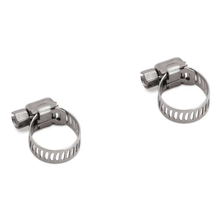 Two metal hose clamps on a white background