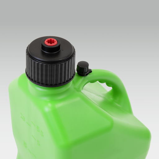 Green plastic VP racing container with black cap and red interior on a gray background