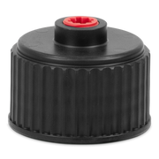 Black plastic cap with a red center on a white background