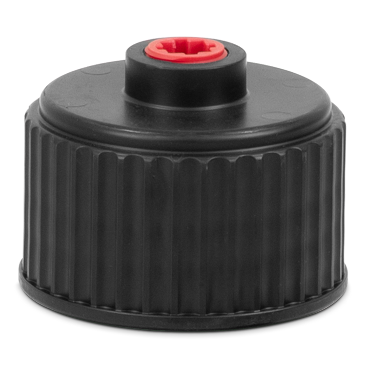 Black plastic cap with a red center on a white background